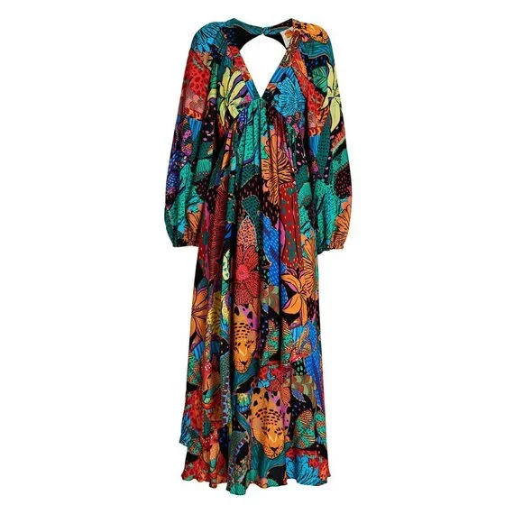 Farm Rio Cool Leopard Maxi Dress in Multicolor Medium Womens Long Gown - Picture 10 of 15